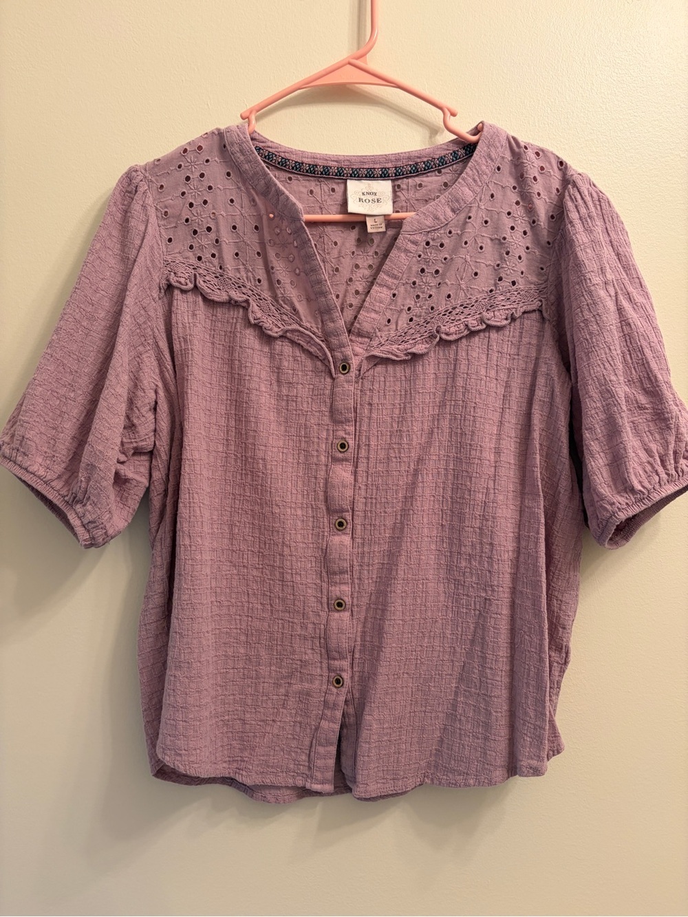 Knox Rose Mauve Eyelet Button-Front Short Sleeve Top